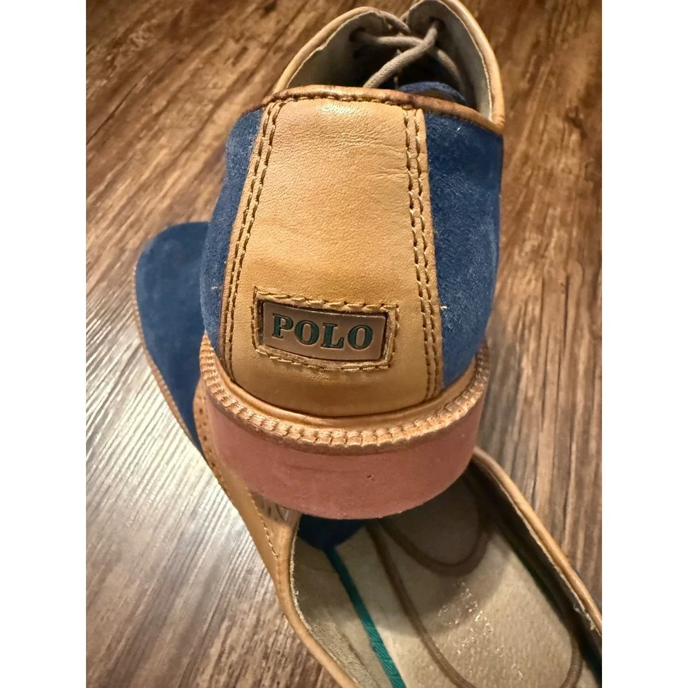 Polo Ralph Lauren Torrington Mens 10.5 D Blue Suede Tan Leather Saddle Shoes